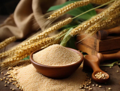 “Wooden bowl filled with raw millet grains, surrounded by millet stalks and a wooden scoop.”